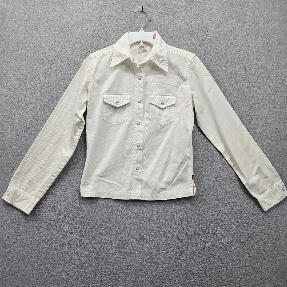 VINTAGE Levi's Women Button Up Shirt M White Western Pearl Snap Dry Goods READ